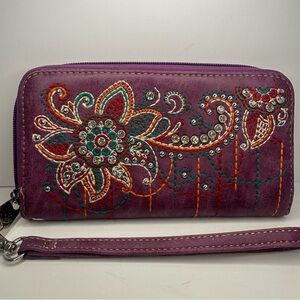 American Bling Embroidered Stitched Purple Wallet Wristlet Flower Rhinestones